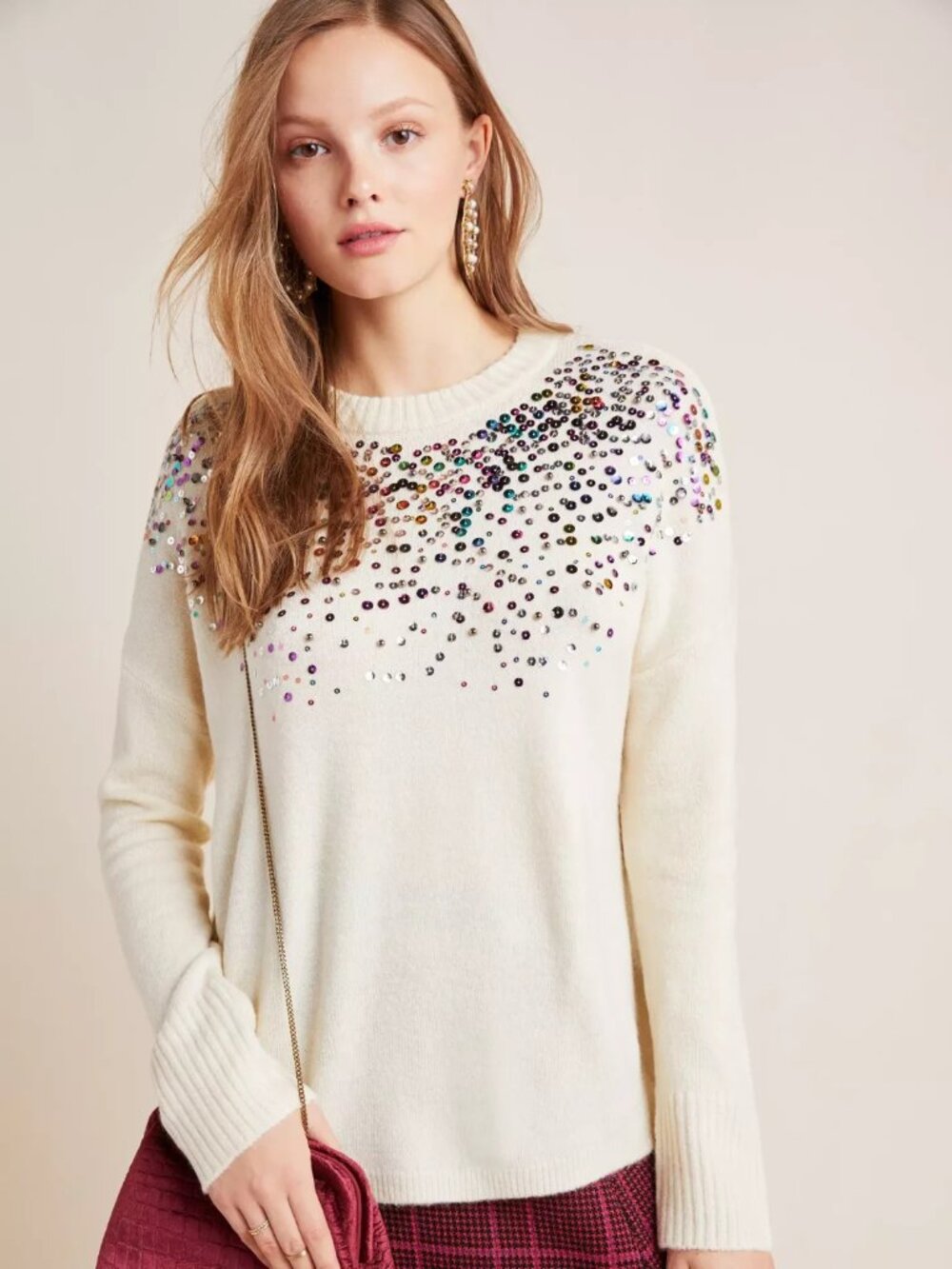Anthropologie Vanessa ivory rainbow confetti sequin sweater, l (fits xl-2x)